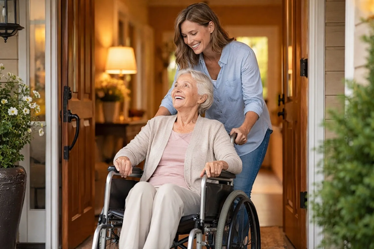 Caregiver assisting an elderly woman in a wheelchair at home with compassionate Home Care Support Services that promote comfort and independence.
